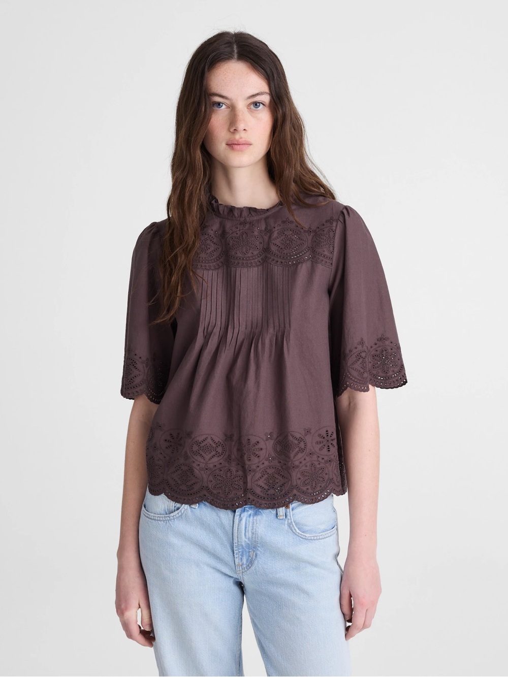 Madewell Embroidered Pintuck High-Neck Top XS